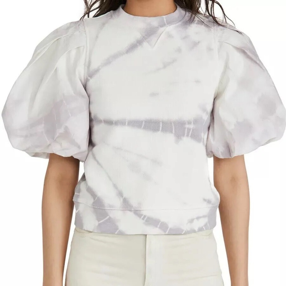 Ulla Johnson Elliott Top Puff Sleeve Tie-Dye Sweatshirt - White & Purple/Gray
